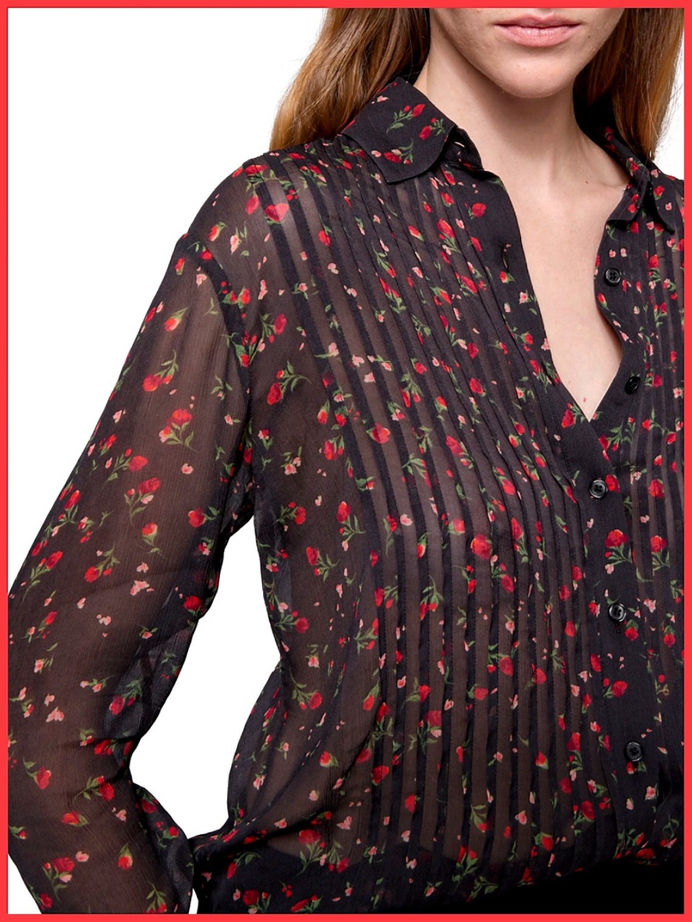 Rebecca Minkoff Liz Sheer Floral Pintuck Button Down Shirt Top